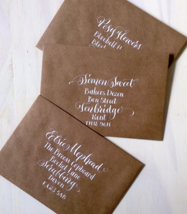 white-quirky-calligraphy-on-manilla-envelopes-devon-uk